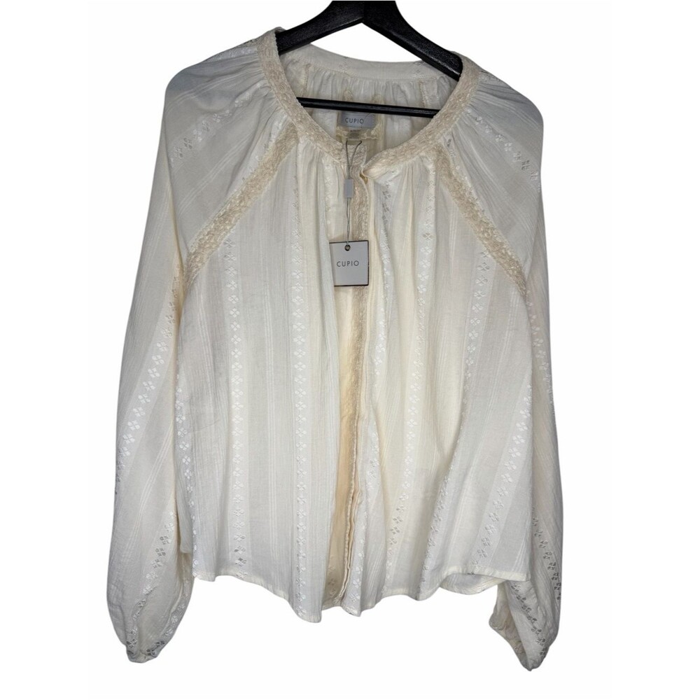 NWT Cupio Boho Blouse size XL Buttercream Lace Textured Long Sleeve Cotton Top